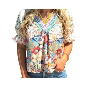 Blue and Pink Graphic Peplum Blouse with 3/4 Sleeves